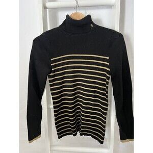 Ralph Lauren Turtleneck Sweater Women's L Navy Gold Metallic Stripe Ribbed Logo